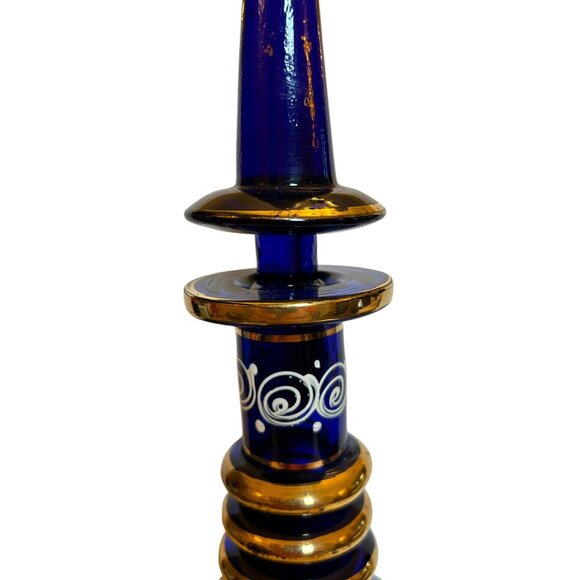 Vintage Bohemian Persian Hand-Painted Cobalt Blue & Gold Glass Decanter - Picture 10 of 13